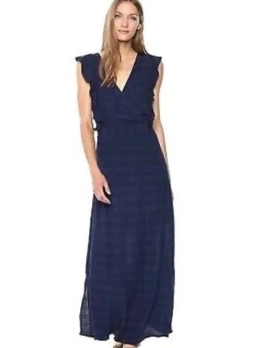 Michael Stars Plisse Stripe Ruffle Maxi Dress - Size M navy blue flowy dress